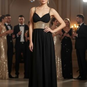 Sophisticated Black and Gold Prom Dress